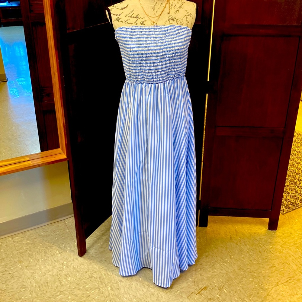 Strapless blue and white stripe dress